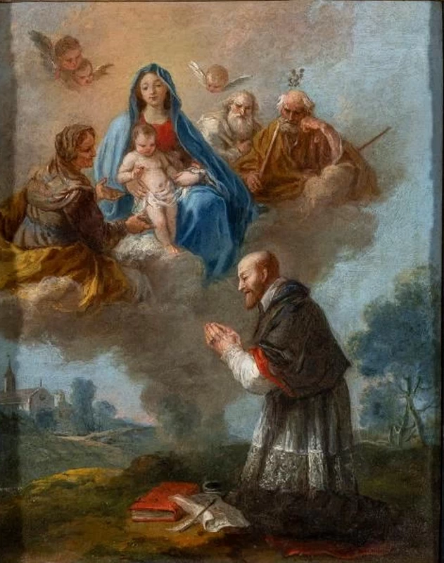 San Francesco di Sales in preghiera con la SacraFamiglia e i Santi Gioacchino ed Anna